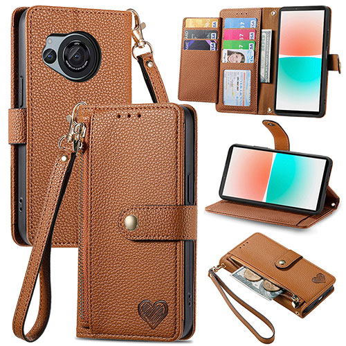 Leather Case Stands Flip Cover Holder S15D for Sharp Aquos R8s Brown