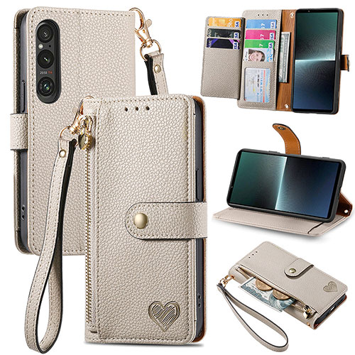 Leather Case Stands Flip Cover Holder S15D for Sony Xperia 1 V Gray