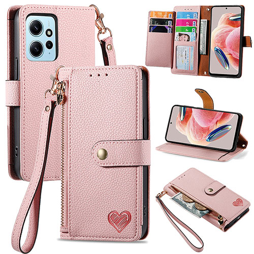 Leather Case Stands Flip Cover Holder S15D for Xiaomi Redmi Note 12 4G Pink