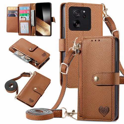 Leather Case Stands Flip Cover Holder S16D for Xiaomi Mi 13T 5G Brown