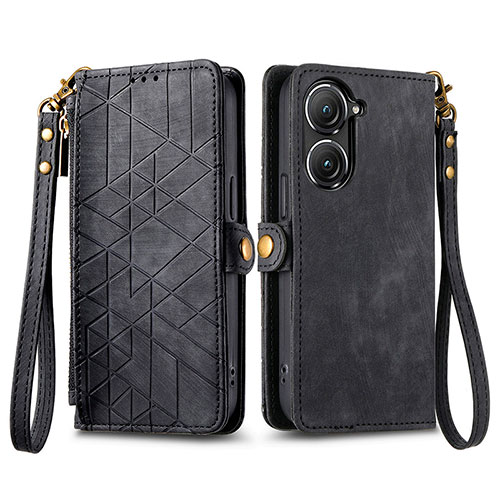 Leather Case Stands Flip Cover Holder S17D for Asus Zenfone 9 Black