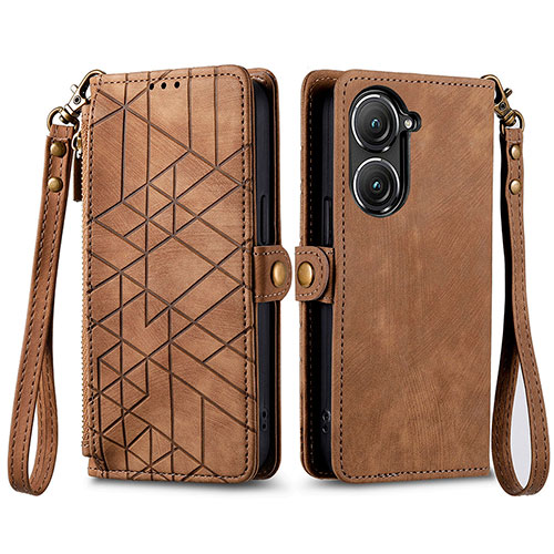 Leather Case Stands Flip Cover Holder S17D for Asus Zenfone 9 Brown