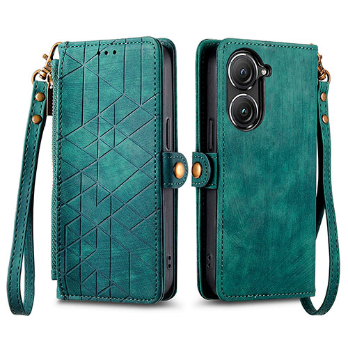 Leather Case Stands Flip Cover Holder S17D for Asus Zenfone 9 Green