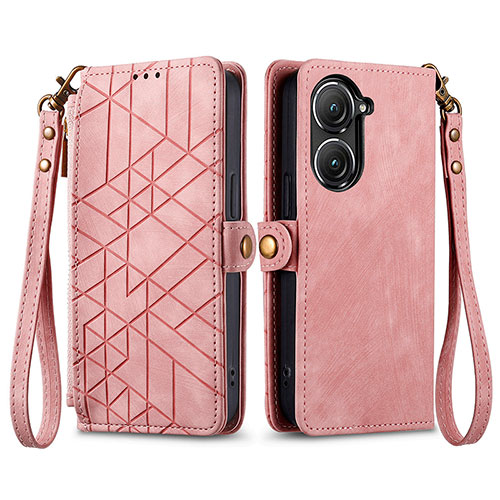 Leather Case Stands Flip Cover Holder S17D for Asus Zenfone 9 Pink