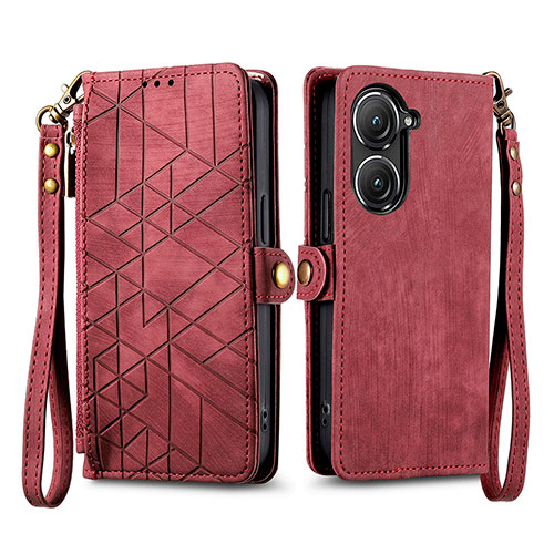 Leather Case Stands Flip Cover Holder S17D for Asus Zenfone 9 Red
