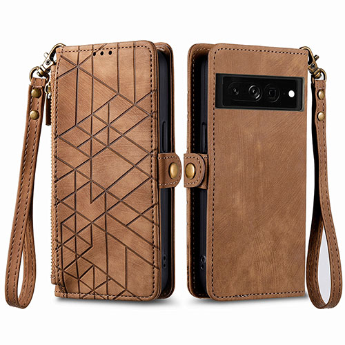 Leather Case Stands Flip Cover Holder S17D for Google Pixel 7 Pro 5G Brown