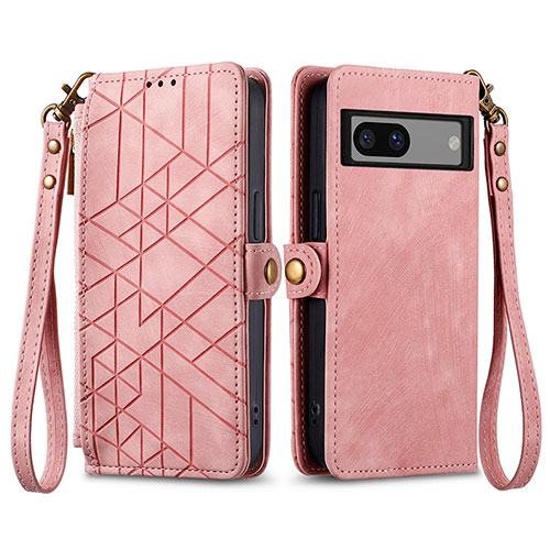 Leather Case Stands Flip Cover Holder S17D for Google Pixel 7a 5G Pink