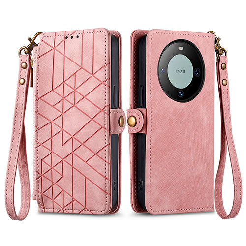 Leather Case Stands Flip Cover Holder S17D for Huawei Mate 60 Pro+ Plus Pink