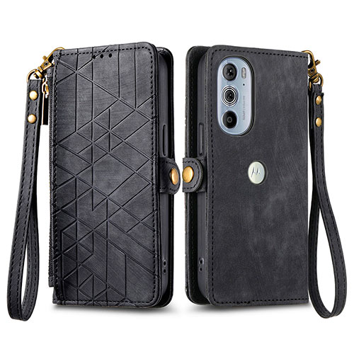 Leather Case Stands Flip Cover Holder S17D for Motorola Moto Edge Plus (2022) 5G Black