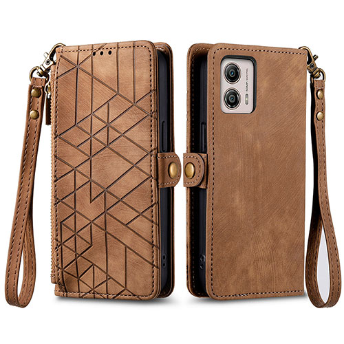 Leather Case Stands Flip Cover Holder S17D for Motorola Moto G53 5G Brown