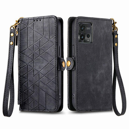 Leather Case Stands Flip Cover Holder S17D for Motorola Moto G72 Black