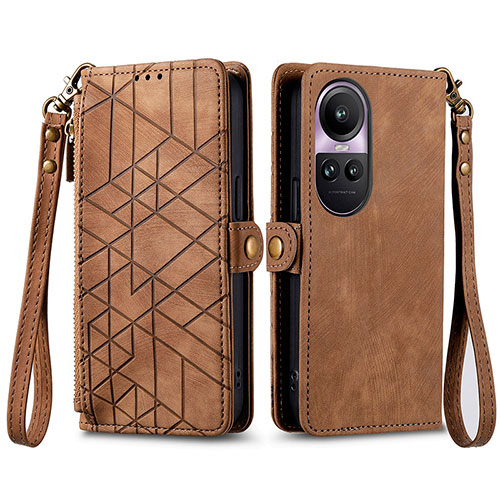 Leather Case Stands Flip Cover Holder S17D for Oppo Reno10 5G Brown