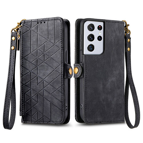 Leather Case Stands Flip Cover Holder S17D for Samsung Galaxy S24 Ultra 5G Black