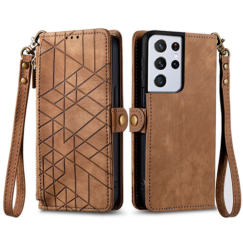 Leather Case Stands Flip Cover Holder S17D for Samsung Galaxy S24 Ultra 5G Brown