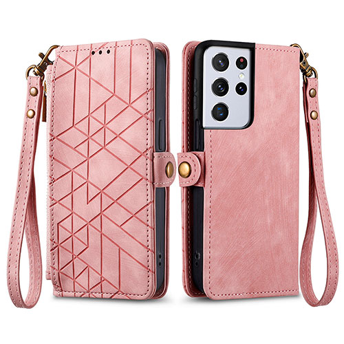 Leather Case Stands Flip Cover Holder S17D for Samsung Galaxy S25 Ultra 5G Pink