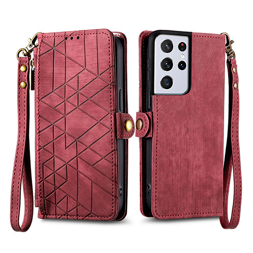 Leather Case Stands Flip Cover Holder S17D for Samsung Galaxy S25 Ultra 5G Red