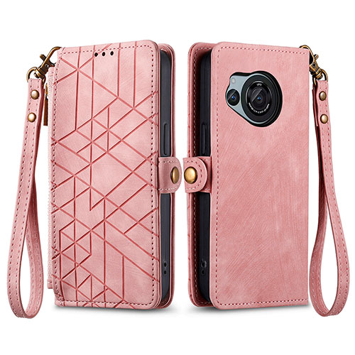 Leather Case Stands Flip Cover Holder S17D for Sharp Aquos R8s Pink