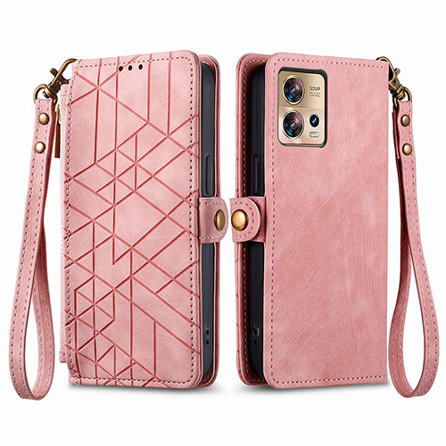 Leather Case Stands Flip Cover Holder S18D for Motorola Moto Edge 30 Fusion 5G Pink