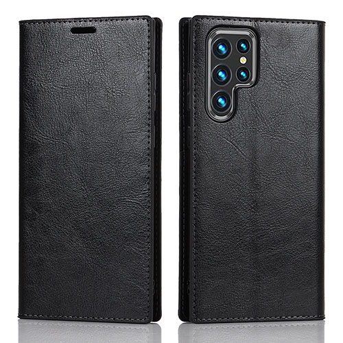 Leather Case Stands Flip Cover Holder T01D for Samsung Galaxy S22 Ultra 5G Black