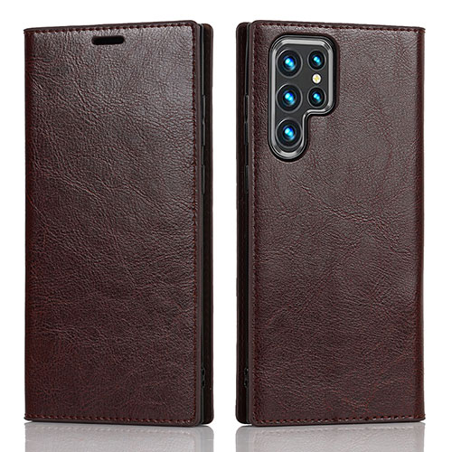 Leather Case Stands Flip Cover Holder T01D for Samsung Galaxy S22 Ultra 5G Brown