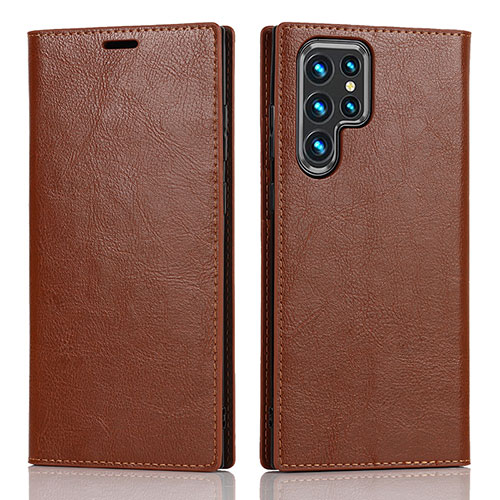 Leather Case Stands Flip Cover Holder T01D for Samsung Galaxy S23 Ultra 5G Light Brown