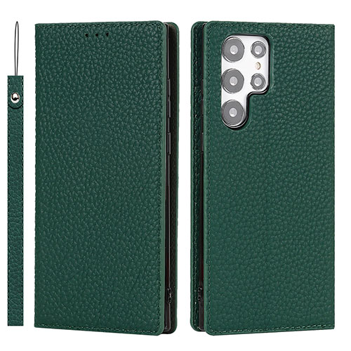 Leather Case Stands Flip Cover Holder T02D for Samsung Galaxy S22 Ultra 5G Green