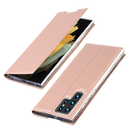 Leather Case Stands Flip Cover Holder T03D for Samsung Galaxy S23 Ultra 5G Rose Gold