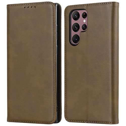 Leather Case Stands Flip Cover Holder T04D for Samsung Galaxy S22 Ultra 5G Khaki