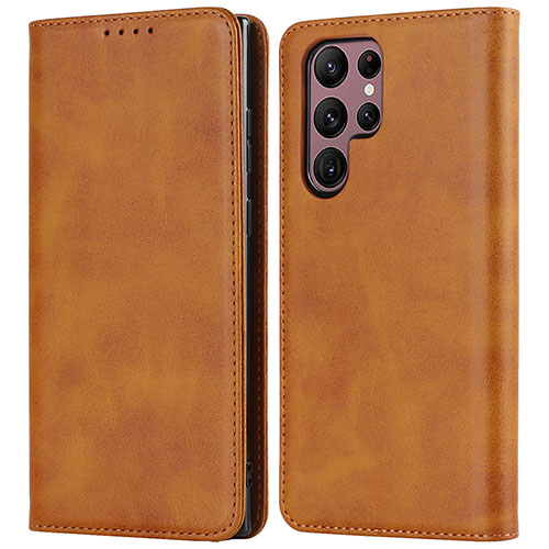 Leather Case Stands Flip Cover Holder T04D for Samsung Galaxy S23 Ultra 5G Light Brown