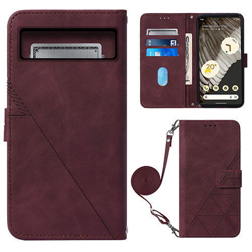 Leather Case Stands Flip Cover Holder Y01B for Google Pixel 8 5G Red Wine