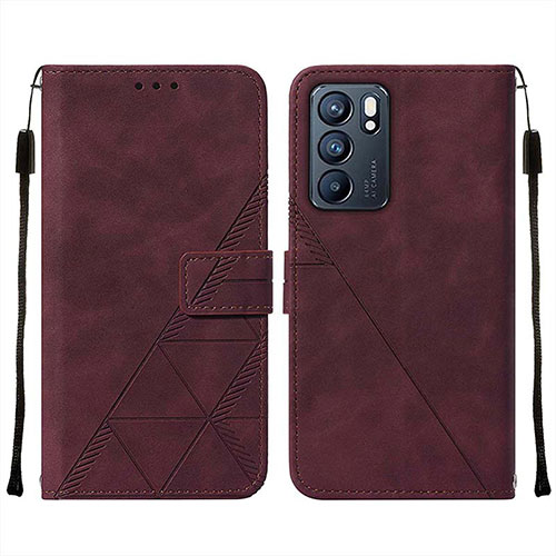 Leather Case Stands Flip Cover Holder Y01B for Oppo Reno6 5G Red Wine