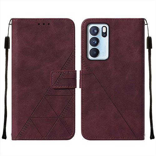 Leather Case Stands Flip Cover Holder Y01B for Oppo Reno6 Pro 5G India Red Wine