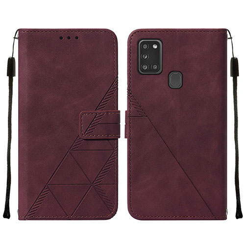 Leather Case Stands Flip Cover Holder Y01B for Samsung Galaxy A21s Red Wine