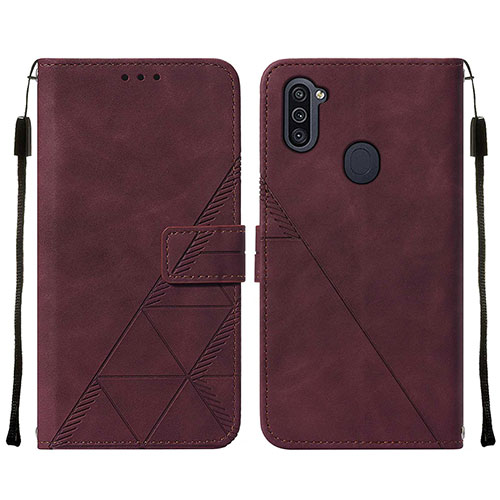 Leather Case Stands Flip Cover Holder Y01B for Samsung Galaxy M11 Red Wine