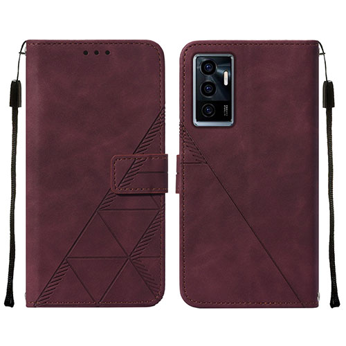 Leather Case Stands Flip Cover Holder Y01B for Vivo V23e 5G Red Wine