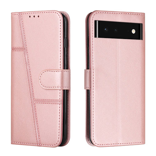 Leather Case Stands Flip Cover Holder Y01X for Google Pixel 6 5G Rose Gold