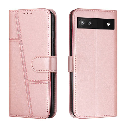 Leather Case Stands Flip Cover Holder Y01X for Google Pixel 6a 5G Rose Gold