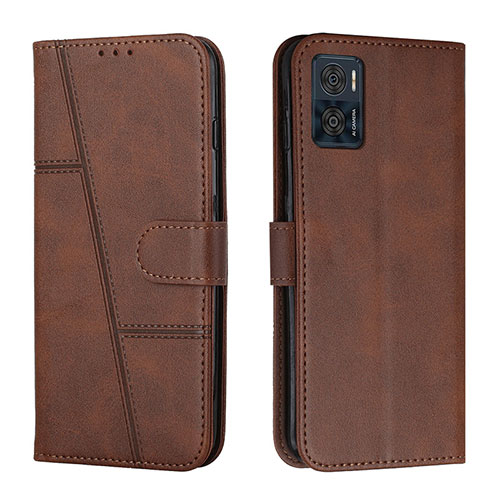 Leather Case Stands Flip Cover Holder Y01X for Motorola Moto E22 Brown