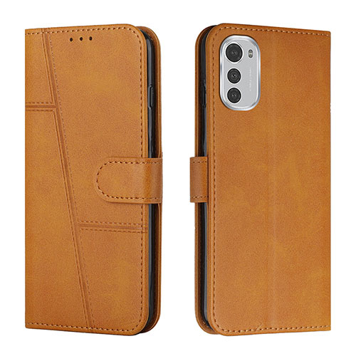 Leather Case Stands Flip Cover Holder Y01X for Motorola Moto E32 Light Brown