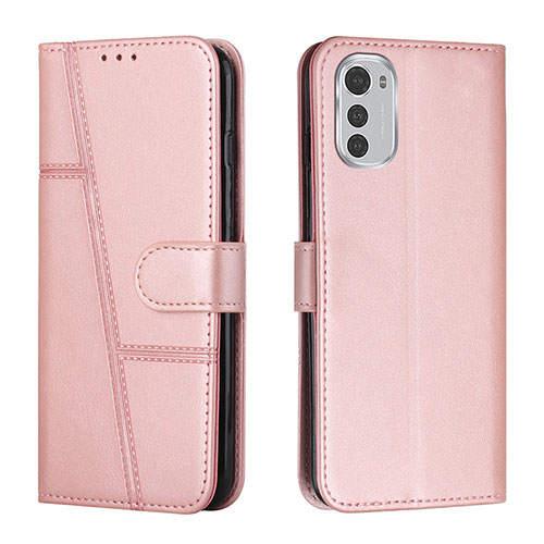 Leather Case Stands Flip Cover Holder Y01X for Motorola Moto E32 Rose Gold