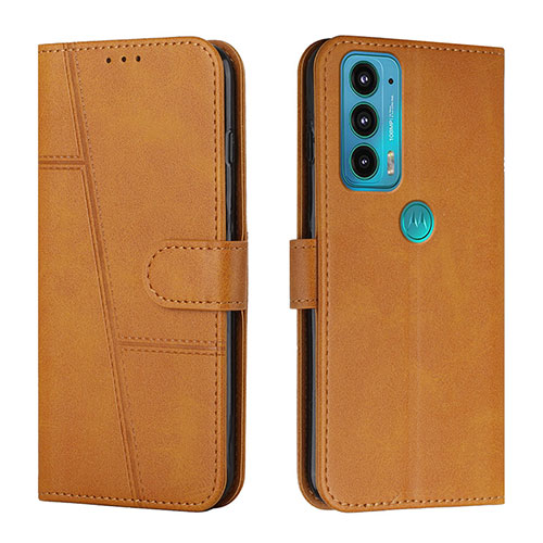 Leather Case Stands Flip Cover Holder Y01X for Motorola Moto Edge 20 5G Light Brown