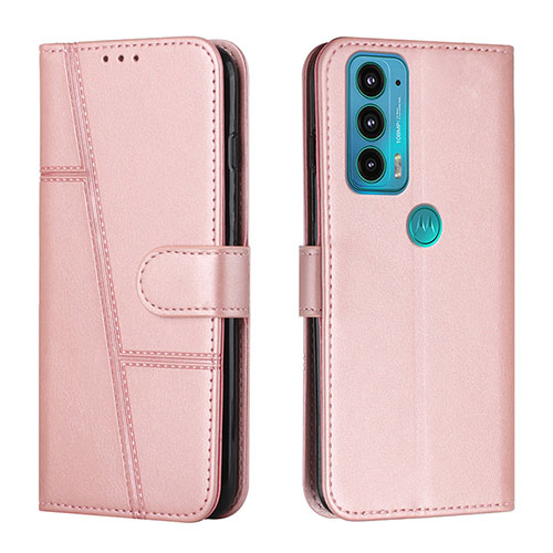 Leather Case Stands Flip Cover Holder Y01X for Motorola Moto Edge 20 5G Rose Gold