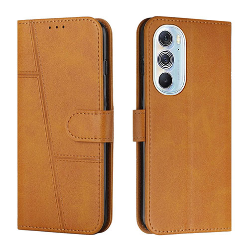 Leather Case Stands Flip Cover Holder Y01X for Motorola Moto Edge Plus (2022) 5G Light Brown