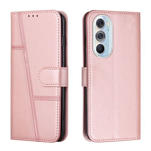 Leather Case Stands Flip Cover Holder Y01X for Motorola Moto Edge Plus (2022) 5G Rose Gold