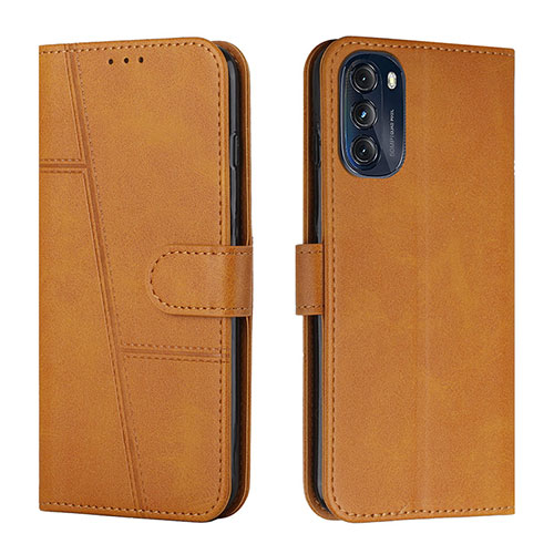 Leather Case Stands Flip Cover Holder Y01X for Motorola Moto G 5G (2022) Light Brown