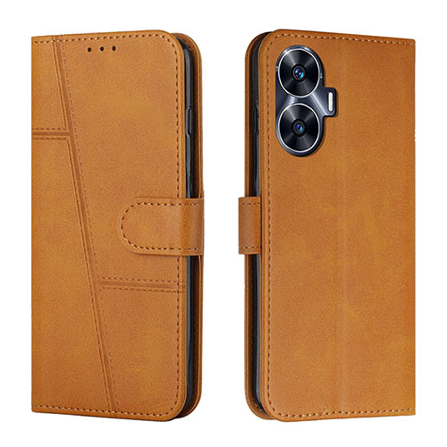 Leather Case Stands Flip Cover Holder Y01X for Realme C55 Light Brown