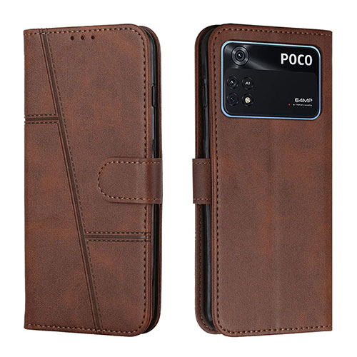 Leather Case Stands Flip Cover Holder Y01X for Xiaomi Poco M4 Pro 4G Brown