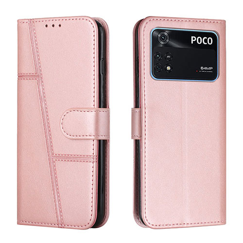 Leather Case Stands Flip Cover Holder Y01X for Xiaomi Poco M4 Pro 4G Rose Gold