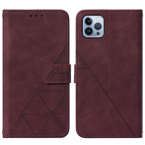 Leather Case Stands Flip Cover Holder Y02B for Apple iPhone 15 Pro Max Red Wine