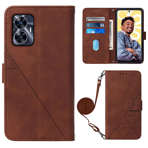 Leather Case Stands Flip Cover Holder Y02B for Realme C55 Brown